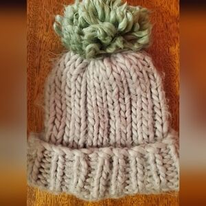 Chunky Knit  Light Grey And Green Beanie with Pom-Pom